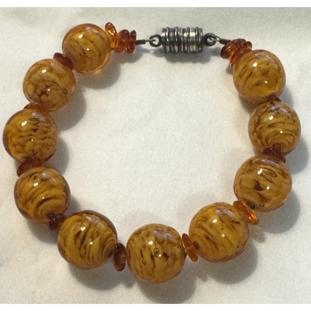 Amber Art Glass Swirl Beaded Bracelet with Magnetic Clasp Earthy Murano Style